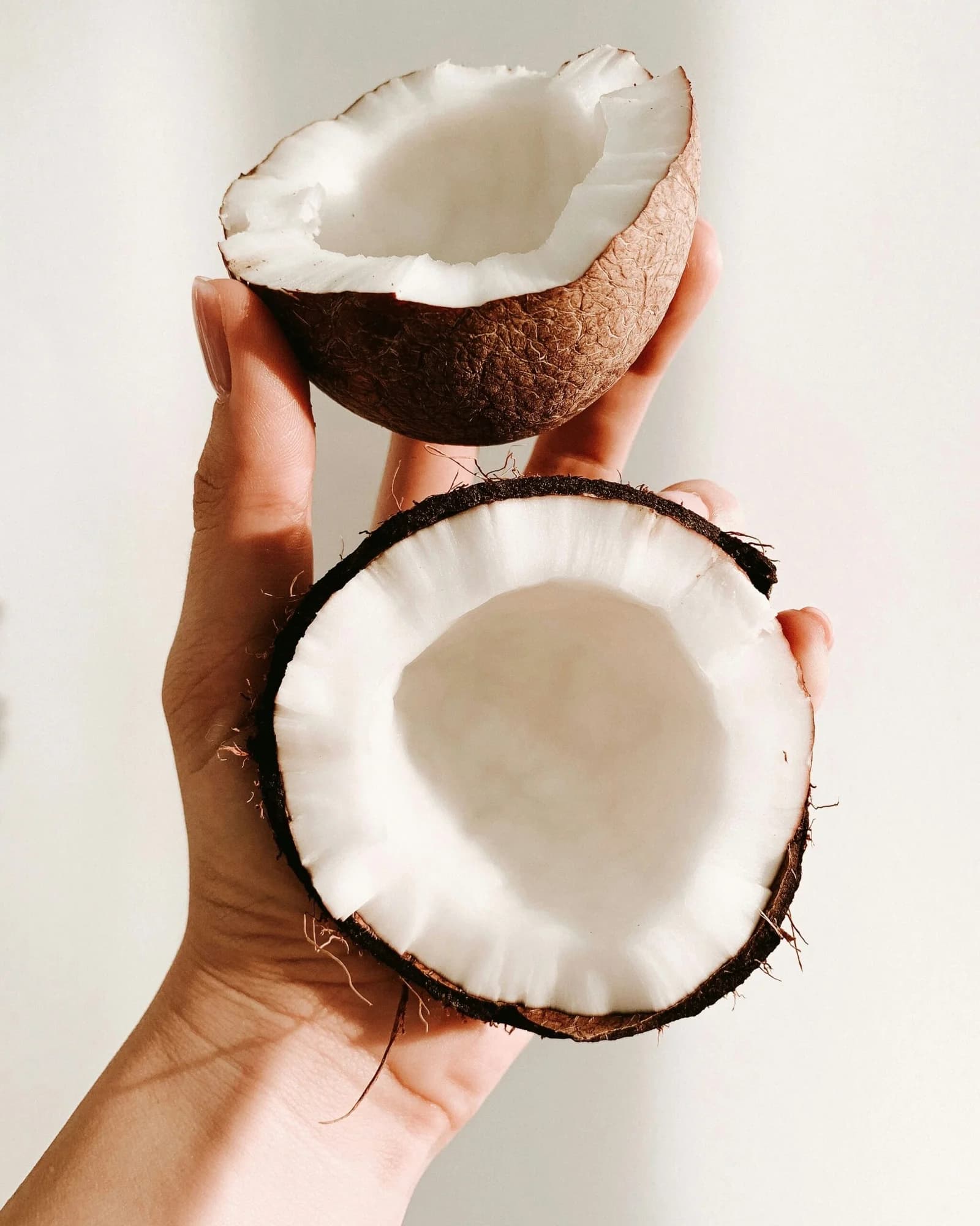 Coconut halves held in both hands